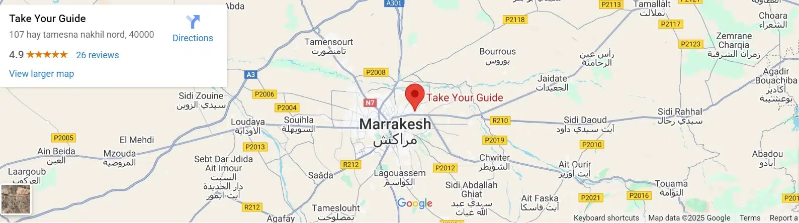 Take Your Guide – Tour Guide Office Location in Marrakech Map showing the location of Take Your Guide in Marrakech, specialized in guided tours and desert adventures