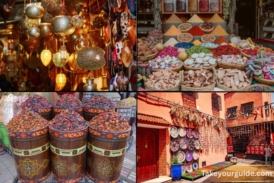 A group of tourists enjoying a half-guided tour in the colorful Marrakech souks with traditional Moroccan lanterns and spices.